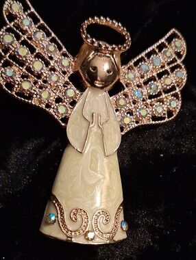Monet Gold-Tone Angel Brooch with Cream Enamel & Aurora Borealis Rhinestones